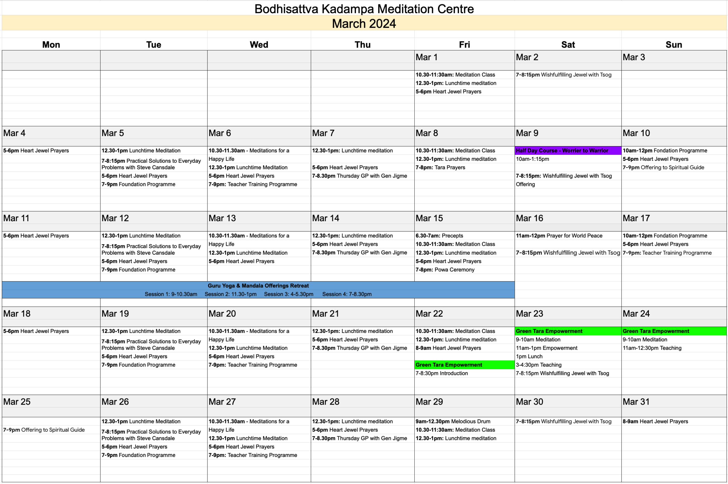 Monthly calendar - Bodhisattva KMC