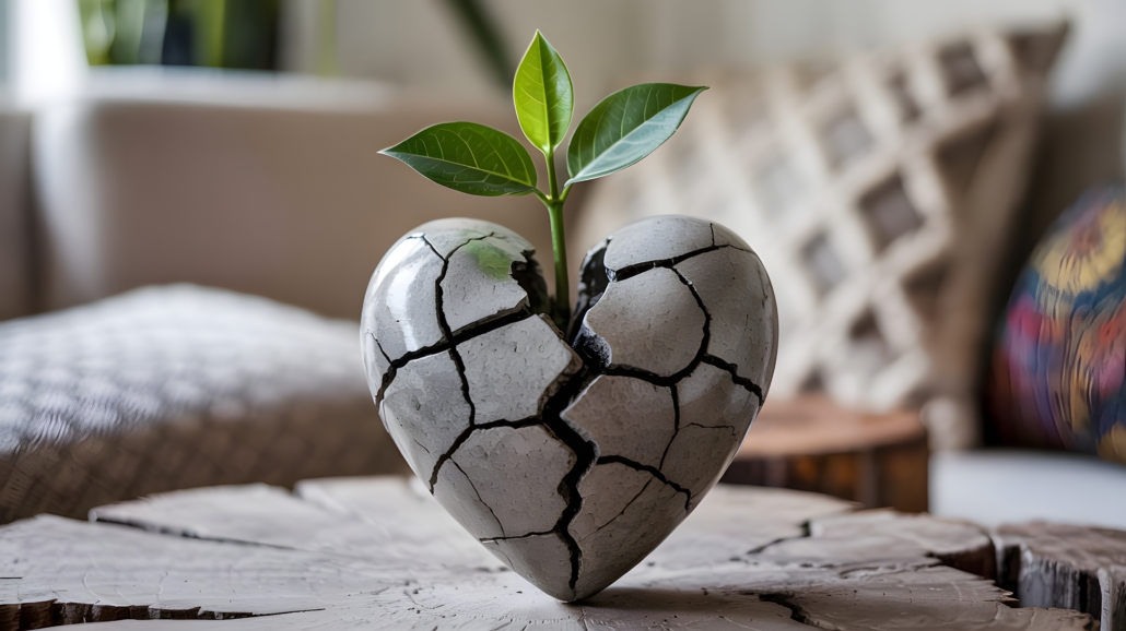 * Small green plant seedling growing from a cracked stone heart, symbol of hope and resilience.