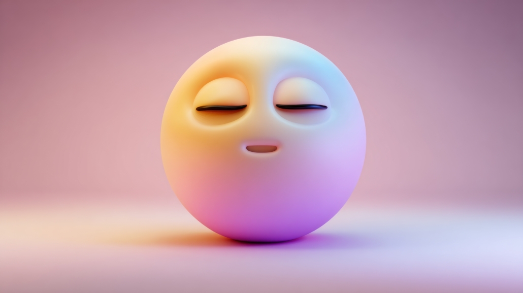 A serene, pastel-colored spherical character with closed eyes, resting on a soft pink background